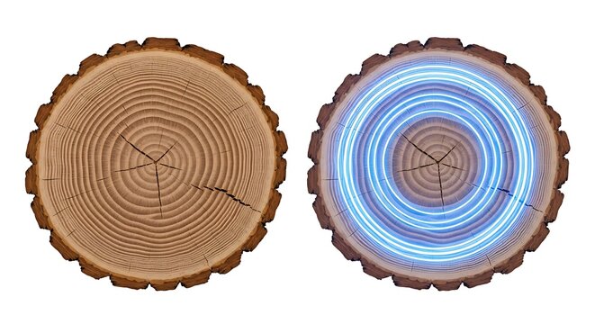Two contrasting tree trunk cross-sections, one natural wood and one with glowing blue rings