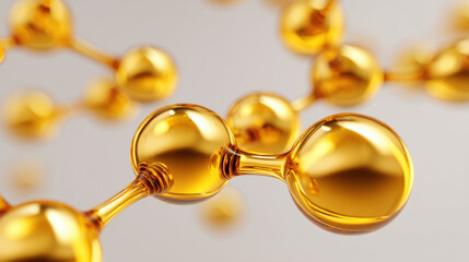 Golden molecular structure, shiny connected spheres representing scientific visualization of castor oil molecules soft focus, smooth