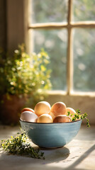 Rustic bowl of fresh farm eggs in natural sunlight by window