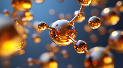 Golden molecular structure with glowing spheres and connecting rods, scientific visualization of castor oil molecules in soft focus background