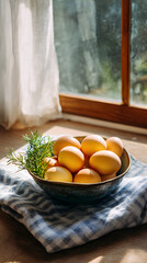 Fresh brown eggs with rosemary in rustic bowl, cozy kitchen morning