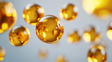 Golden oil droplets float soft focus, creating warm and glowing scientific visualization of castor oil molecules smooth, translucent environment