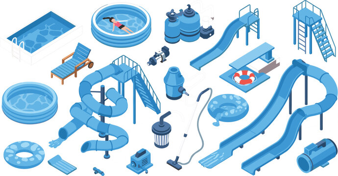 Vector illustration set of 17 isometric elements for water park, swimming pools, slides, and maintenance equipment।