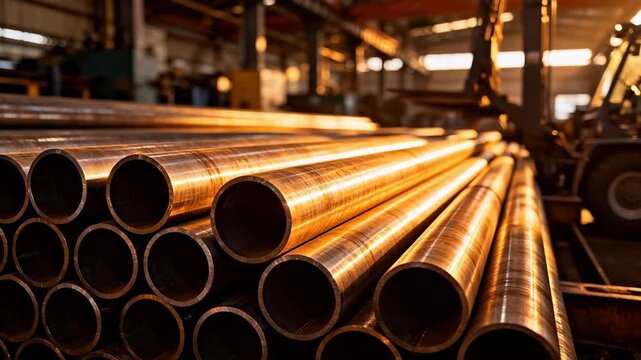 Stacked Metal Pipes in Factory