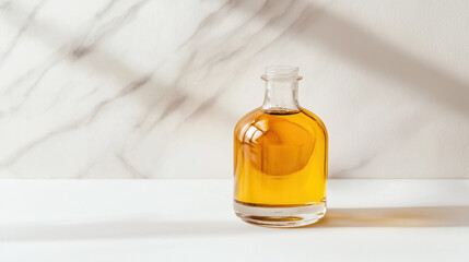 Premium castor oil in clear glass bottle with elegant lighting on white marble background creating warm shadows
