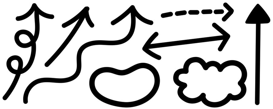 モノクロ、黒のやじるしセット　ベクターイラスト　線の太さ編集可能　手書き　白背景　透明　フレーム　線　広告　チラシ　雑誌