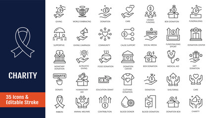 Charity icons set. Icons related of charity : caring for the elderly, helping homeless animals, donation, and more. Outline icon with Editable stroke. Vector illustration