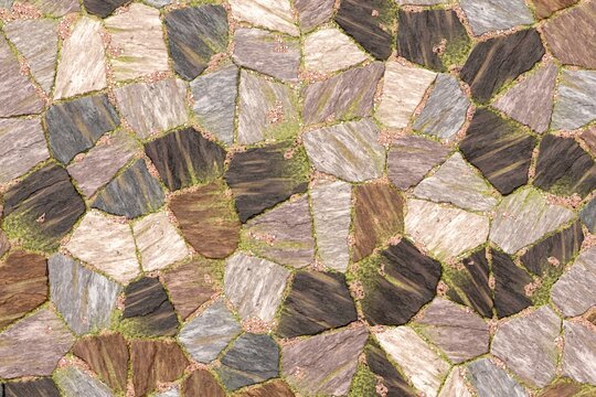 Irregular stone paving texture with moss and grass details
