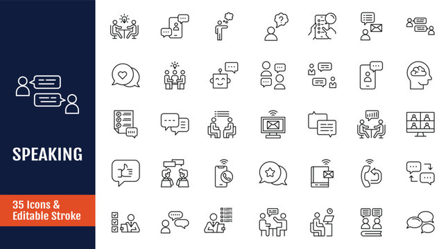 Speaking icon set. Communication icons collection. Related to discussion, speech bubble, talking, consultation, conversation and more. Outline icon with Editable stroke. Vector illustration