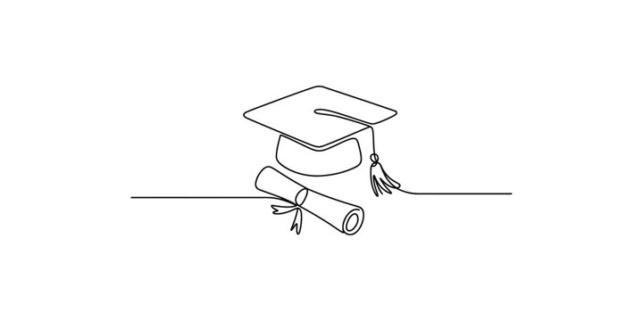Minimalist continuous line drawing of a graduation cap and a rolled diploma certificate.