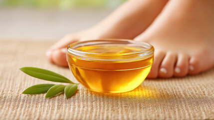 Organic castor oil foot treatment with close up texture of oil on natural fabric and green leaves for skin care