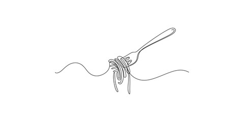 Minimalist line art illustration of a fork twirling a single strand of spaghetti on white. © SR