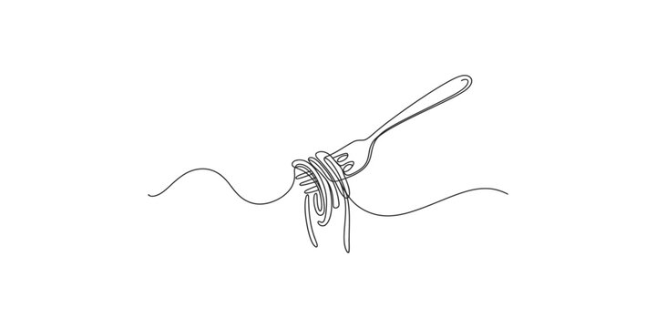 Minimalist line art illustration of a fork twirling a single strand of spaghetti on white.