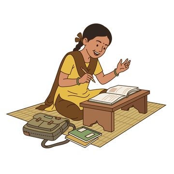 Happy Indian rural girl studying on floor mat using small wooden desk