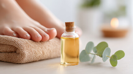Organic castor oil foot treatment with close up texture of oil on towel near eucalyptus leaves and candle for relaxation and care