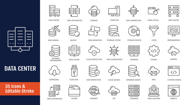 Data Center icon set. Related to server, hosting, cloud computing, security, internet, computer, data processing, and more. Outline icon with Editable stroke. Vector illustration