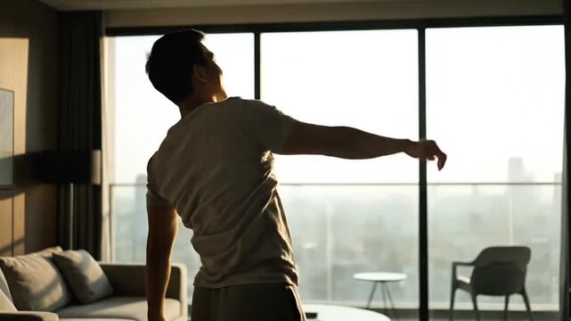 Seorang pria berdiri di dekat jendela besar apartemen modern, melakukan stretching ringan sambil menikmati cahaya matahari pagi. Kamera slow pan dari belakang dengan siluet natural light, ekspresi ril