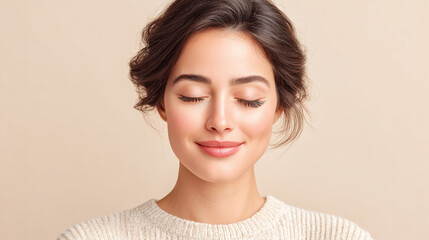 Young woman with closed eyes and natural makeup smiling softly in minimal studio setting