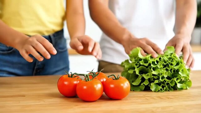 Pasangan muda membongkar belanjaan dari tas kertas ke meja dapur, mengeluarkan buah dan sayuran segar. Kamera medium shot dan close-up detail produk. Full HD, tanpa sound.