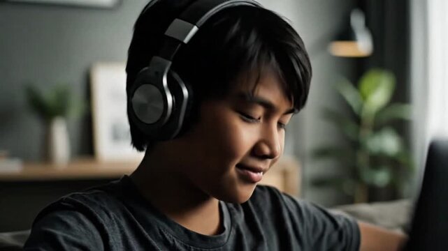 Remaja duduk di kamar modern, memakai headphone sambil mengangguk mengikuti irama musik. Kamera close-up ekspresi santai dan fokus. Pencahayaan lembut indoor. Full HD, tanpa sound