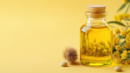 Castor oil in glass bottle with cork, dried seed pod, and yellow flowers on soft yellow background creating warm, natural skincare scene