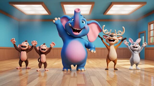 Cartoon Animals Dancing Together in Studio.