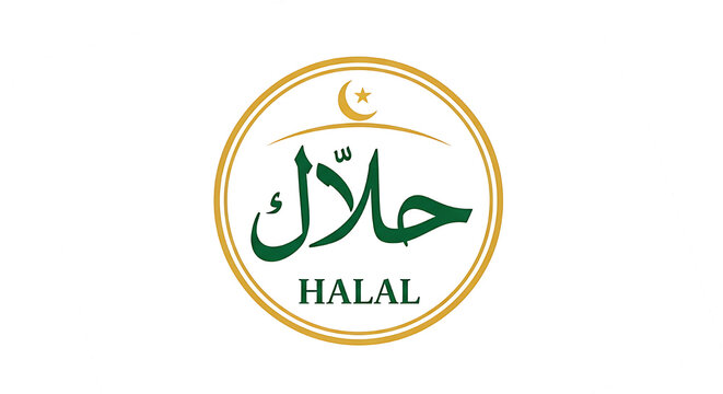 Elegant circular emblem signifying certified halal food products with crescent moon and star.