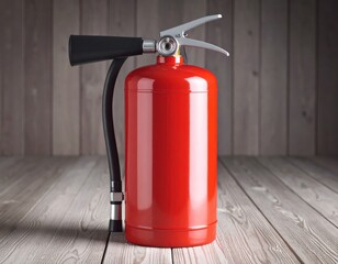 Obraz premium Fire extinguisher with a black hose and nozzle placed on wooden floor against a wooden wall background for safety and emergency preparedness