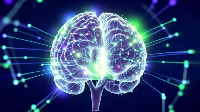 3d animated brain model with neural network connections depicting ai intelligence and deep learning on a dark blue background