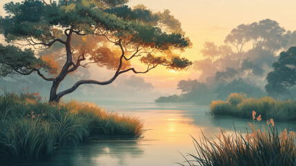 Tranquil sunrise over calm river with lush green trees and tall grass creating peaceful and serene natural landscape scene