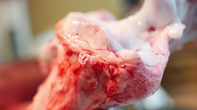 Uncooked beef bones in stainless bowl for dogs raw food nutrition