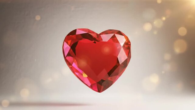 Luxurious 3D render of a faceted ruby heart, floating against a soft, blurred background, with gentle bokeh effects.