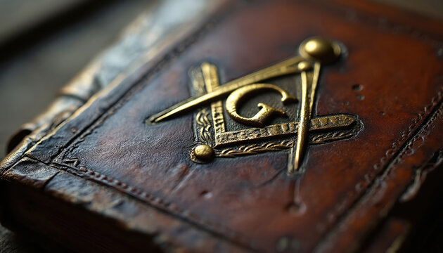 Antique leather book cover features Masonic emblem with compass and square symbol. Detailed gold embossed design shows age and craftsmanship. Old relic for study.