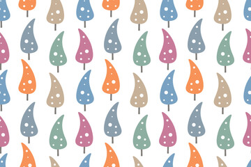 Natural seamless pattern. Winter season, holidays. Winter forest with colorful trees. Flat design. Blue, orange, green, brown colors. For wallpaper, textiles, packaging, backgrounds or websites.