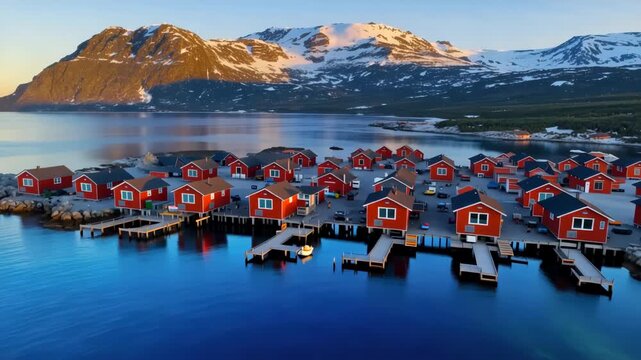 Aerial view of coastal norwegian village with red cabins and snowcapped mountains reflecting in tranquil waters at sunrise