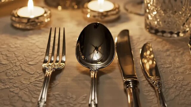 Close up of elegant silver cutlery set on a fine linen table