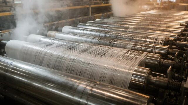 Close view of steaming dryer section cylinders emitting clouds of vapor as the paper web is evenly dried on long rows of heated drums.