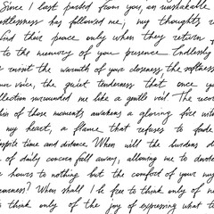 Handwritten text seamless pattern with cursive script and vintage ink illegible words for romantic letter, nostalgia fabric. Calligraphy abstract typography, poetic texture vector background