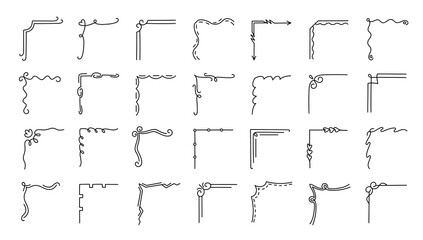 Corner doodle set. Line swirls and wavy flourishes vintage borders for retro wedding invitation template, hand drawn card edging design. Minimal ornaments for decorative dividers isolated vector set