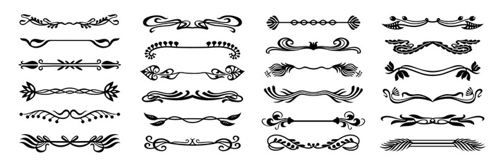 Art nouveau dividers with floral flourishes. Retro borders, baroque heading separators, ornamental book page ornate footer. Decorative art deco vintage frame jugendstil elements isolated vector set
