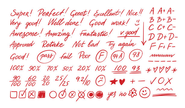 School grading doodle set with red score marks and handwritten comments for classroom worksheet, teacher exam feedback. Hand drawn script pass and fail symbols, checklist graphics isolated vector set
