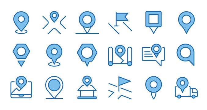 Map pin icons. Location marker and pointer flag for GPS navigation, delivery UI, route tracking. Geotag, address and route direction, place here and destination POI symbol. Vector isolated set