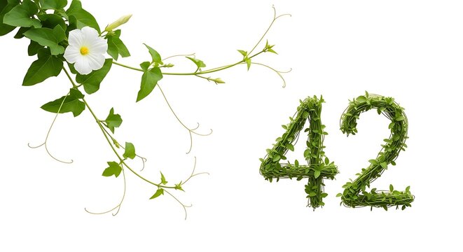 Beautiful green leaves and flower with number forty two on white background