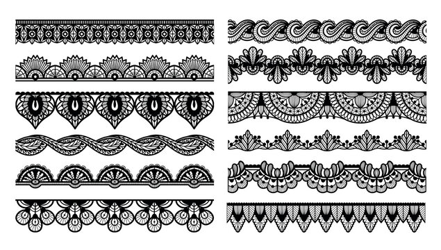 Lace seamless border. Cutwork trim, guipure swirls for vintage wedding invitation card dividers and textile craft, laser cut fabric. Decorative lace patterns, retro henna flourishes vector set