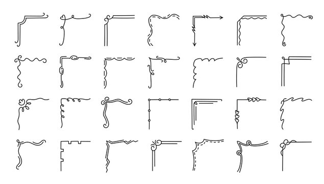 Corner doodle set. Line swirls and wavy flourishes vintage borders for retro wedding invitation template, hand drawn card edging design. Minimal ornaments for decorative dividers isolated vector set