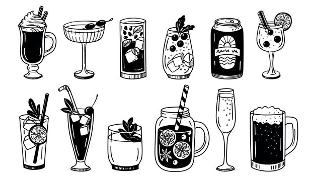 Drink and beverage doodle. Cocktail, mocktail and juice, soda and beer, smoothie and champagne, sketch wine and martini, mojito and lemonade, iced tea. Hand drawn outline vector isolated set