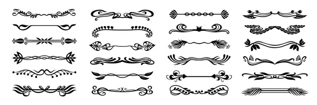 Art nouveau dividers with floral flourishes. Retro borders, baroque heading separators, ornamental book page ornate footer. Decorative art deco vintage frame jugendstil elements isolated vector set