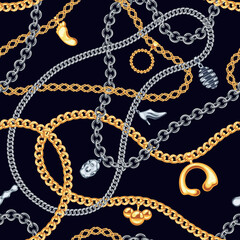 Golden, silver chains baroque lace seamless pattern. Luxury jewelry shiny accessory, wavy gold links necklace, bracelet on black background. Glamour fashion tiled decoration. Vector wallpaper texture
