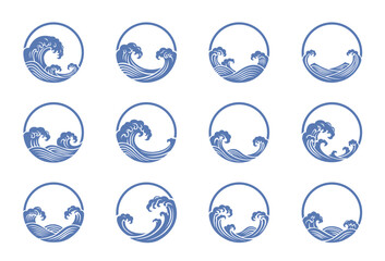 Japanese sea wave outline round labels. Ocean waves tattoo, logo emblem. Fresh water splashes nautical decoration, hand drawn wavy pattern. Vintage Chinese oriental badges. Vector isolated set © Tartila