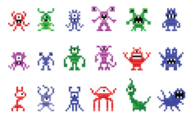 Monster pixel 8 bit. Arcade video game character, space alien pixel art retro mascot. 80s videogame animal, galaxy pixelated enemy, cosmic virus creature. Cute fantasy digital robot. Vector set